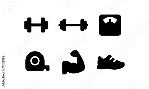 Minimalist fitness icons: dumbbells, scale, measuring tape, muscle, shoe