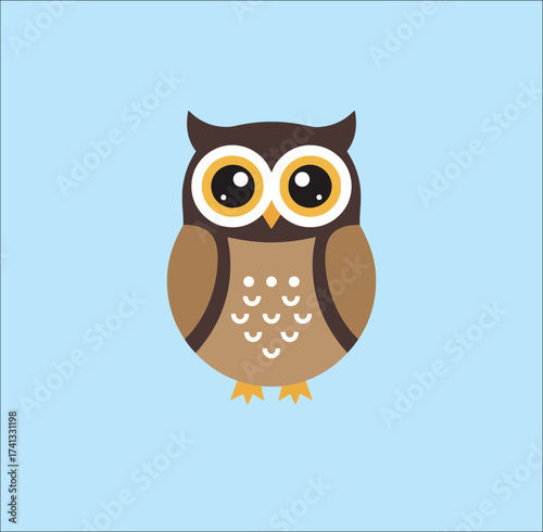 Art & Illustration
Cute flat vector illustration of a brown owl with big eyes on a light blue background