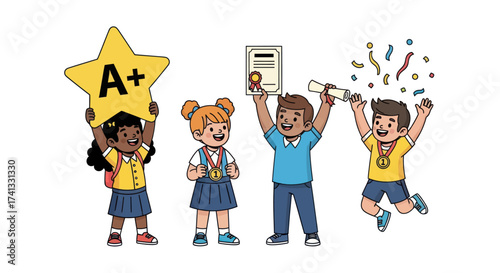 Cheerful Children Celebrating Academic Success with Awards and Joy.