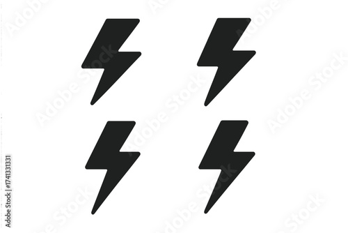 Set of black lightning bolt icons. Simple flat vector graphic symbol for power, energy, and electricity. Flash thunder storm sign. Fast charge, danger voltage pictogram.