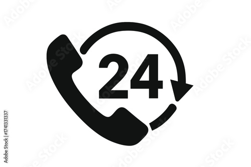24 hour service phone icon. Vector for 24/7 customer support. Always available call center and hotline concept. Non-stop assistance symbol for business contact us page.