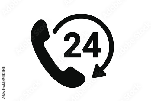 24-hour service phone icon. Vector graphic for customer support. Twenty-four hours, 7 days a week concept. Always open call center and nonstop assistance hotline symbol.