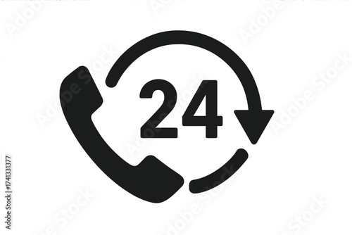 24 hour service icon with phone symbol. Vector graphic for always available customer support. Twenty-four hours open sign. Non-stop call center assistance concept.