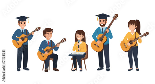 Group of Graduating Students Playing Acoustic Guitars and Singing Together.