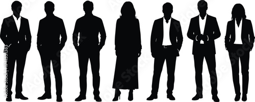 Silhouettes of business professionals standing confidently in formal attire, representing teamwork, leadership, collaboration, success, corporate unity, career growth