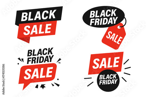 Black Friday sale vector banner set. Collection of modern promotional labels, discount tags and special offer stickers for advertising. Red and black graphic design elements.