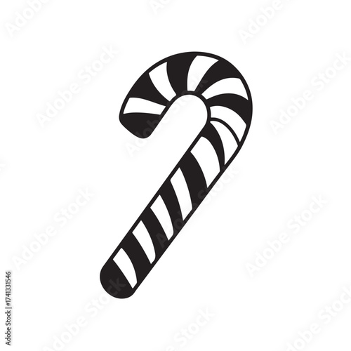 Candy cane silhouette, festive holiday vector, Christmas candy cane silhouette vector Illustration on white background, Black and white candy cane silhouette