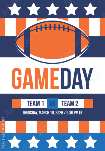 Game Day. American football playoff. Super Party in United States. Final game of regular season. Professional team championship. Ball for american football. Sport poster. Vector illustration
