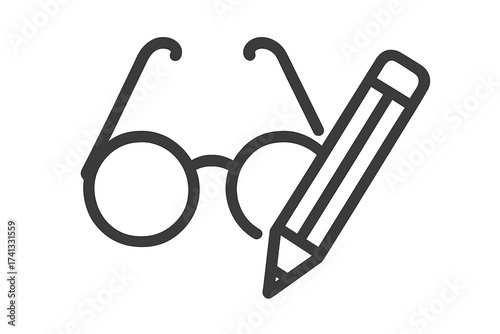Writing, editing, and knowledge icon with glasses and pencil. Concept for author, literature, proofreading, copywriting, education, and storytelling. Smart creative process vector.