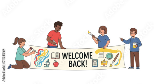 Happy multicultural children decorating a large Welcome Back banner for school with art supplies.