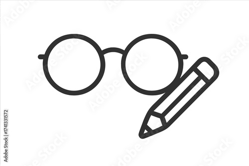 Pencil and glasses icon. Writer, author, editor symbol. Education, study, learning concept. Creative process, copywriting, storytelling. Blogging, journalism. Vision and knowledge.