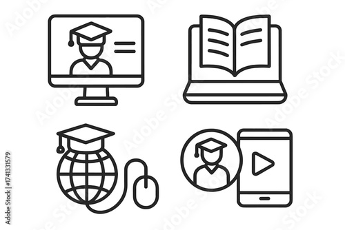 E-learning and online education vector icon set. Linear symbols for digital university, webinar, and distance courses. Student graduation, online library, and global knowledge.