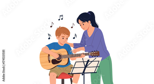Young Boy Learning Guitar with Female Instructor Music Notes.