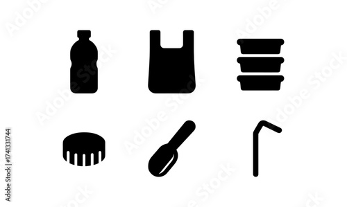 Plastic waste icons: bottle, bag, containers and cutlery silhouettes for environmental awareness