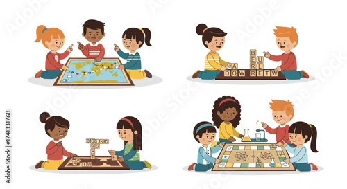 Set of four illustrations of diverse cartoon children playing board games like chess puzzles and stacking blocks.