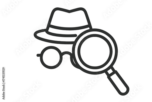Detective icon with magnifying glass. Inspector symbol for investigation, search, and audit. Incognito agent or spy logo. Private analysis and security concept vector.