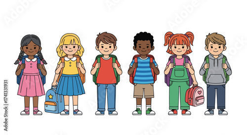 Diverse Group of Cartoon School Children with Backpacks Ready for Education.