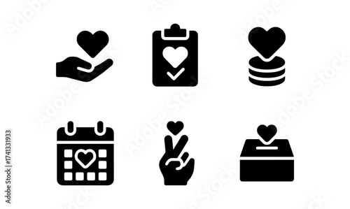 Heart icons set: donation, calendar, volunteer, clipboard, and charity box symbols