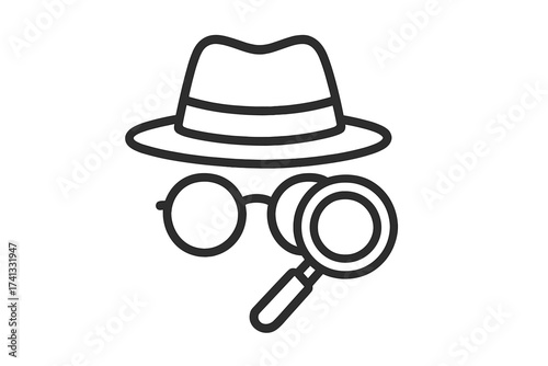 Detective icon. Inspection symbol. Spy, secret agent concept. Man in hat and glasses with magnifying glass. Search, investigation, find. Private, anonymous, incognito mode.