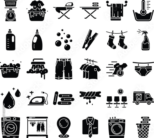 Laundry icon set. Stain, washing machine, laundry basket, hand wash, dryer icon. Design signs for web page, mobile app and packaging design. Editable solid icon. Vector illustration