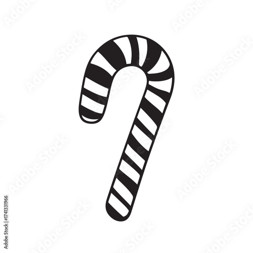 Candy cane silhouette, festive holiday vector, Christmas candy cane silhouette vector Illustration on white background, Black and white candy cane silhouette