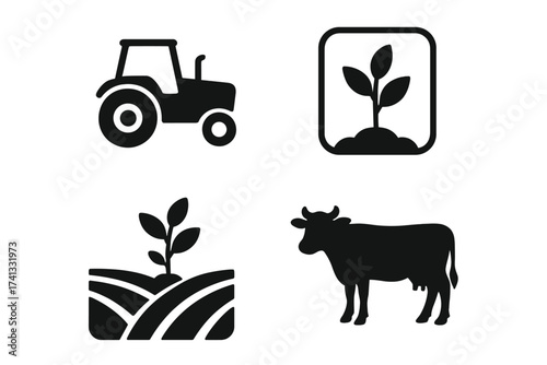 Agriculture and farming icon set. Vector collection of farm symbols: tractor, cow, and plant sprout. Concept for organic food, livestock breeding, and rural cultivation.