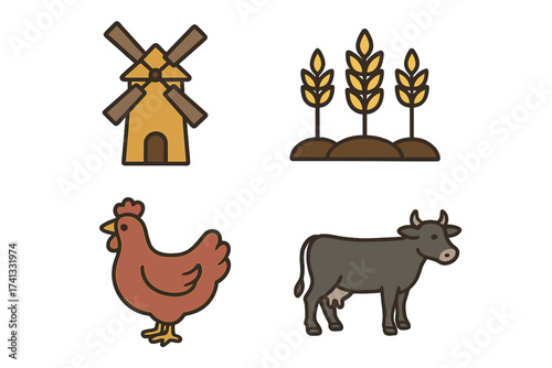 Farming and agriculture vector icon set. Collection of farm animals, livestock, and crops. Includes cow, chicken, wheat, and windmill. Organic food and breeding concept.