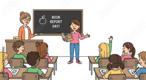 Young girl presents book report to attentive classmates and teacher in classroom.