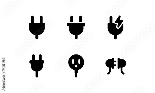 Minimalist electric plug icons: simple black design set for technology