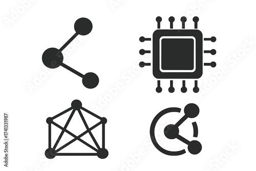Set of connection and technology icons. Processor chip for AI, network for communication, share symbol, decentralized system for blockchain. Vector logos for web and app design.