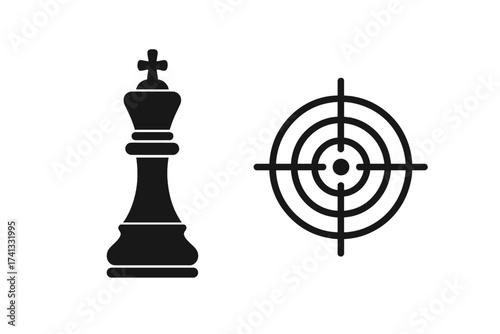 Business strategy vector icon with chess king and target. Metaphor for goal setting, leadership, competition. Checkmate concept for success, focus, aim, winning, mission.