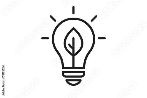 Green energy concept. Lightbulb with leaf. Eco-friendly idea. Thin line vector icon for sustainability, bioenergy, renewable resources, and environmental conservation power.