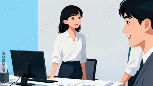 Two people in office setting talking