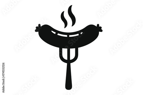 Grilled sausage on a fork vector icon. Hot steaming bratwurst silhouette for BBQ menu design. Cooked meat food symbol for barbecue party or restaurant. Frankfurter pictogram.