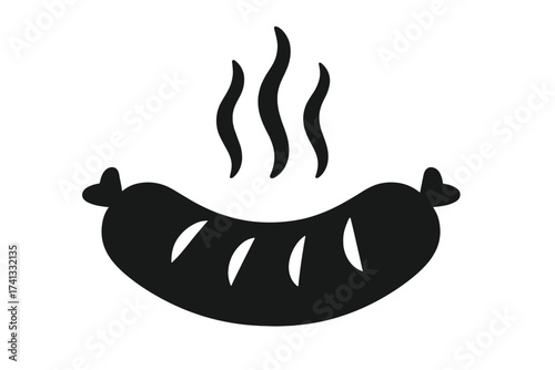 Grilled sausage icon with steam. Hot frankfurter silhouette for barbecue menu. Vector symbol of cooked wurst. Meat food for BBQ party. Fast food graphic illustration.