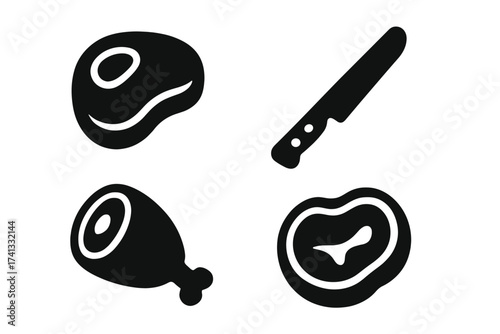 Set of meat icons. Raw beef steak, pork leg, and kitchen knife. Butcher shop logo elements. Silhouette vector illustration for food, cooking, barbecue grill, and protein.