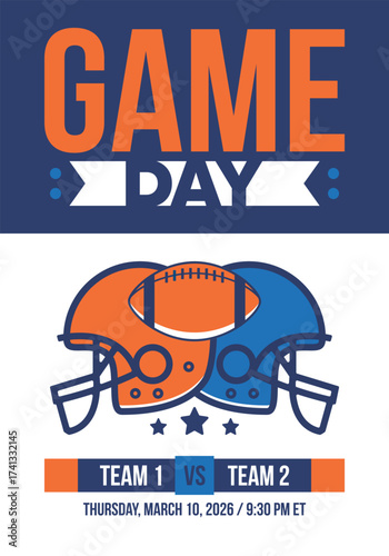 Game Day. American football playoff. Super Party in United States. Final game of regular season. Professional team championship. Ball for american football. Sport poster. Vector illustration