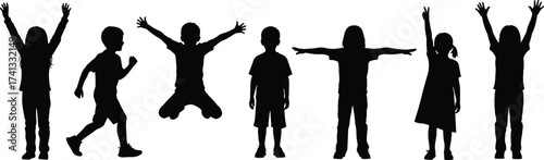 Silhouette of happy children playing, running, jumping, raising hands, active kids in motion, joyful childhood activities, isolated black figures, group fun