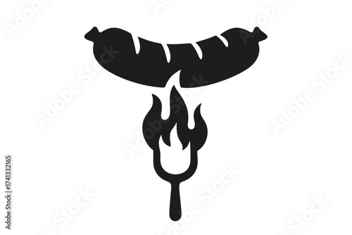 Grilled sausage on a fork over a fire. Barbecue wurst icon. BBQ, picnic, grilling concept. Vector silhouette illustration for fast food, restaurant menu, or butcher shop.