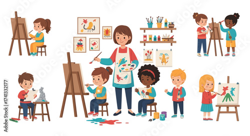 Diverse Children and Teacher Painting in Creative Art Class.