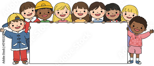 Cartoon children group holding blank sign, diverse kids smiling behind white board, happy multicultural boys and girls, colorful outfits, cheerful illustration for education, school, banner