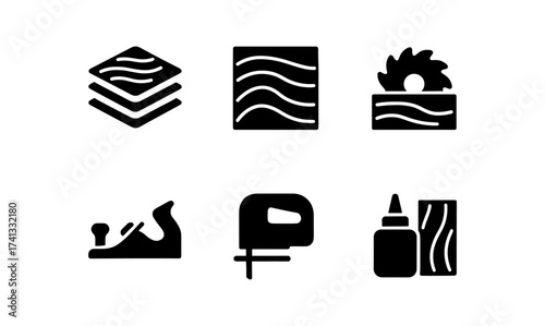 Woodworking tools icons: carpentry symbols in minimalist silhouette style