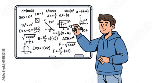 Young Man Writing Math Equations on Whiteboard.