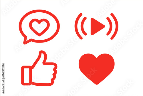 Like and Heart icon set for social media. Live stream video, chat, and likes counter. Red heart web buttons for social network notifications, follower engagement, and app UI.