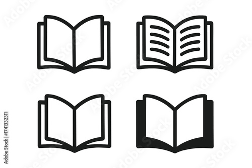 Open book icon set. Vector graphic elements for reading, studying, and education. Library, literature, and knowledge symbols. Line art and solid pictogram for learning.
