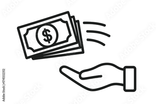 Money transfer payment icon. Stack of cash money bills sent flying to hand. Concept for transaction, income, salary, savings, bribe, investment. Vector illustration.