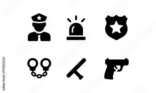 Police icon set: officer, badge, handcuffs, gun, baton, siren