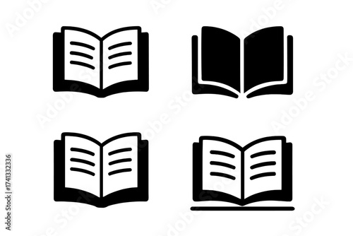 Open book icon set. Vector graphic elements for libraries, studying, education, reading. Simple flat pictogram symbol for knowledge, learning, literature or dictionary pages.
