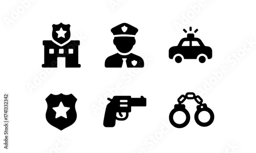 Police icon set featuring officer, badge, patrol car, handcuffs, pistol, and police station