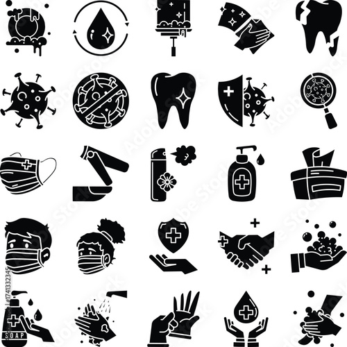 Hygiene icons set. Hygiene, clean, soap, washing hands, disinfecting, sanitation and more. Suitable for educational materials,and presentations. Editable solid icon. Vector illustration